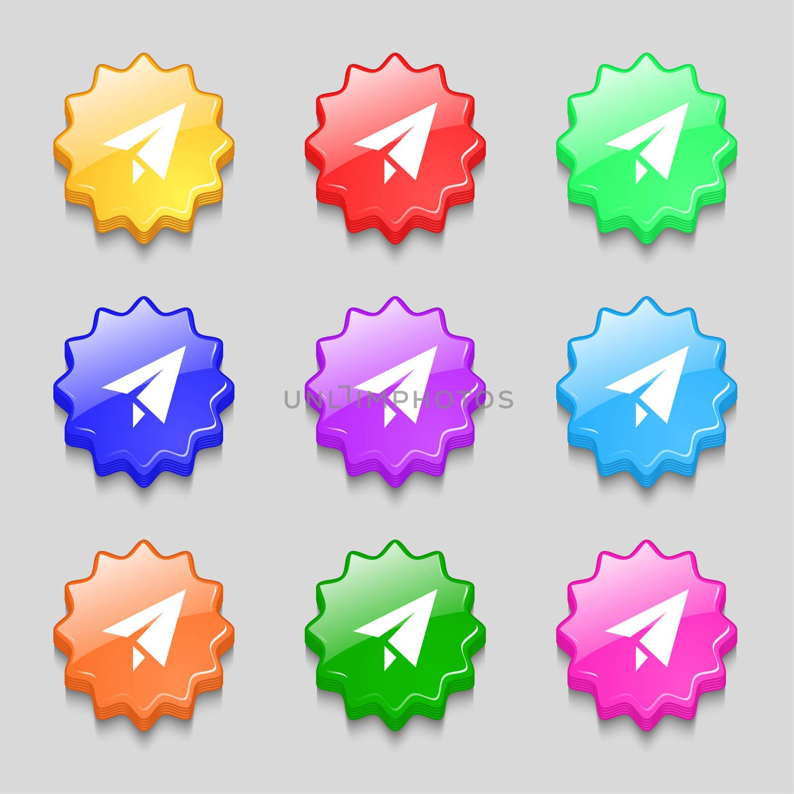 Paper airplane icon sign. symbol on nine wavy colourful buttons.  by serhii_lohvyniuk