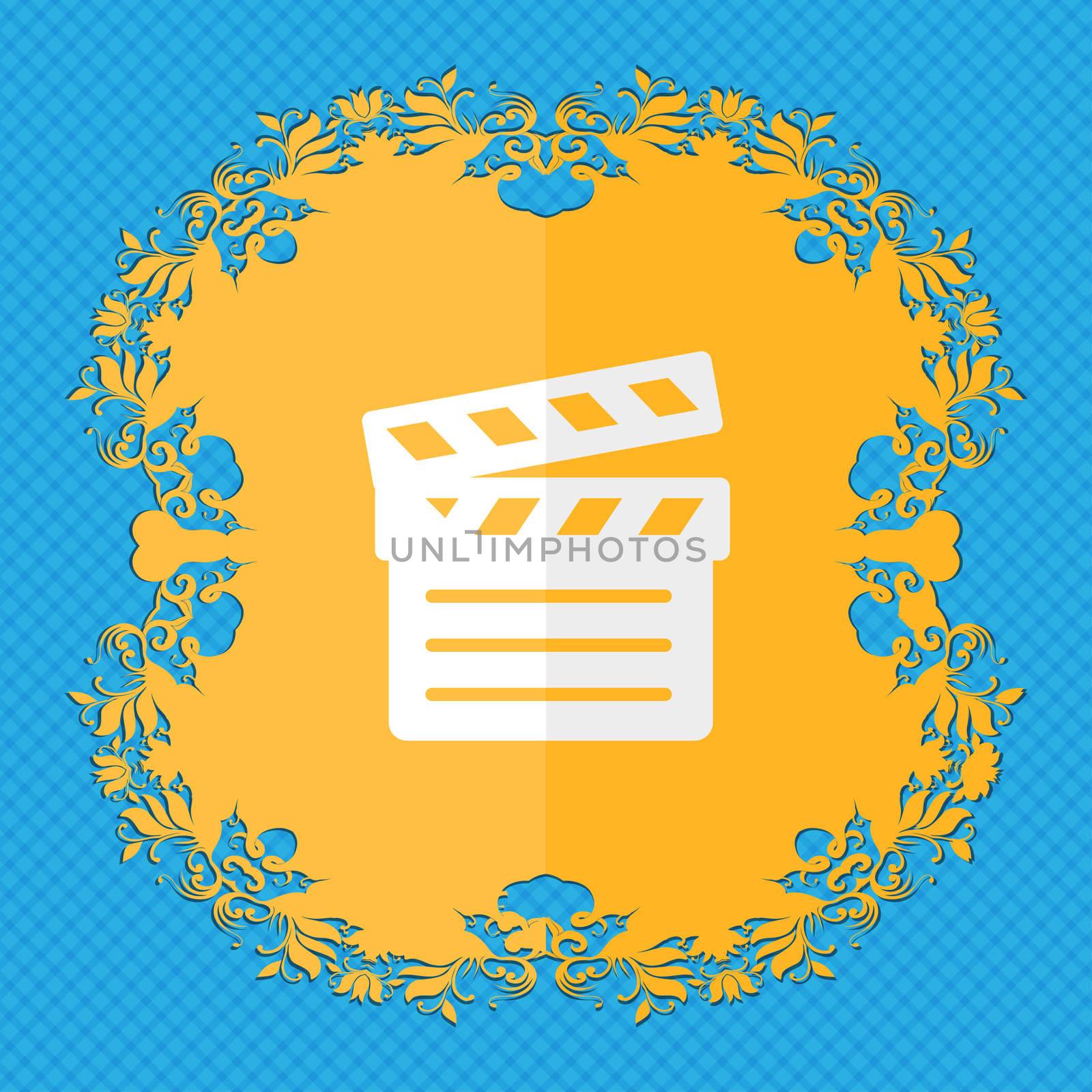 Cinema Clapper. Floral flat design on a blue abstract background with place for your text. illustration
