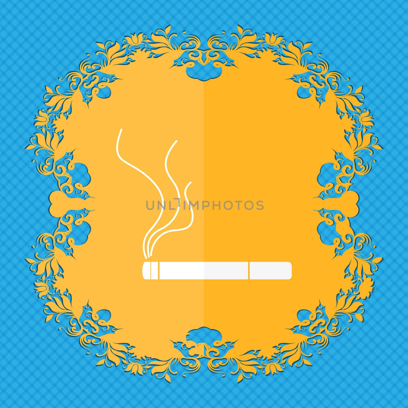 Smoking sign icon. Cigarette symbol. Floral flat design on a blue abstract background with place for your text. illustration