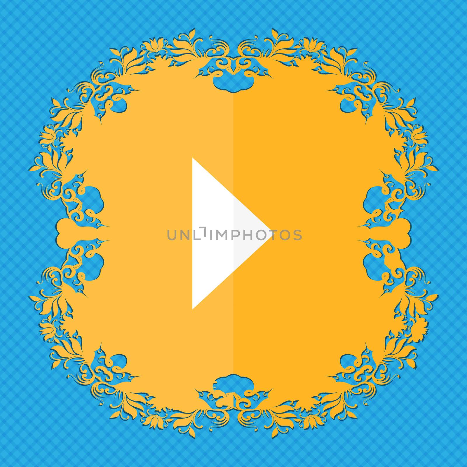 play button . Floral flat design on a blue abstract background with place for your text. illustration