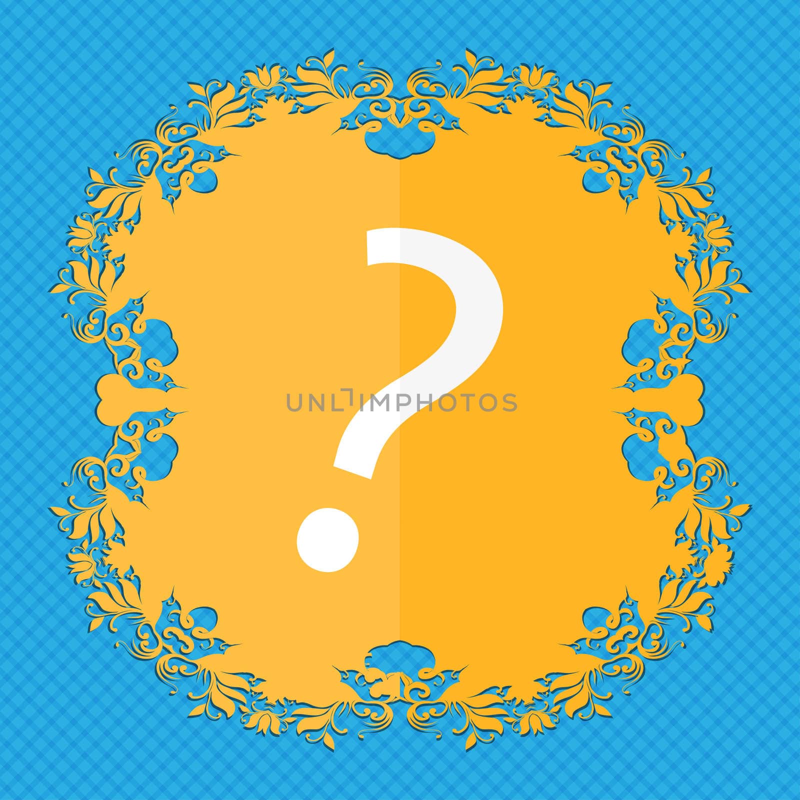 Question mark sign icon. Help symbol. FAQ sign. Floral flat design on a blue abstract background with place for your text. illustration
