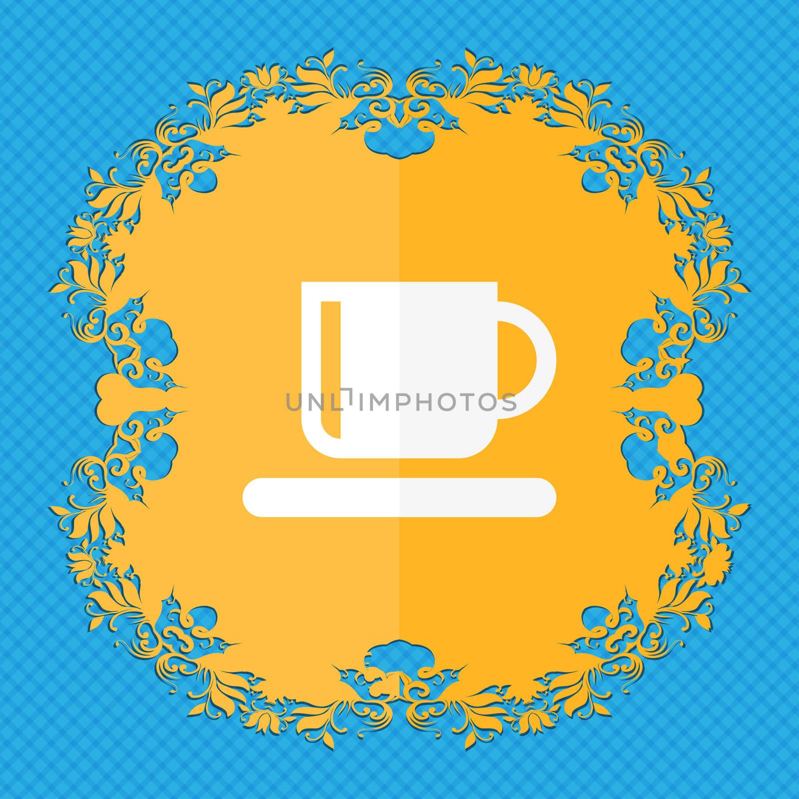 Coffee cup . Floral flat design on a blue abstract background with place for your text. illustration