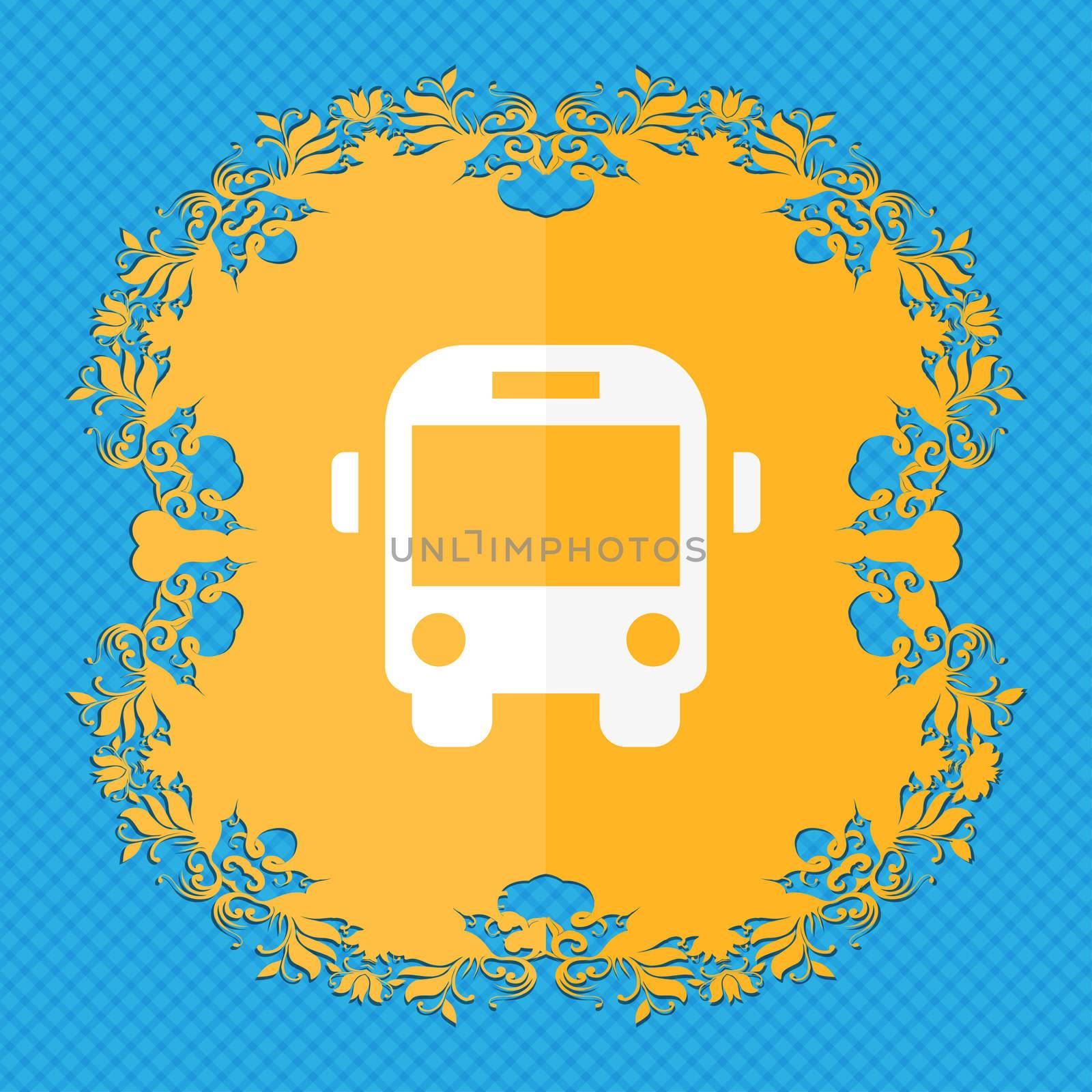 Bus . Floral flat design on a blue abstract background with place for your text.  by serhii_lohvyniuk