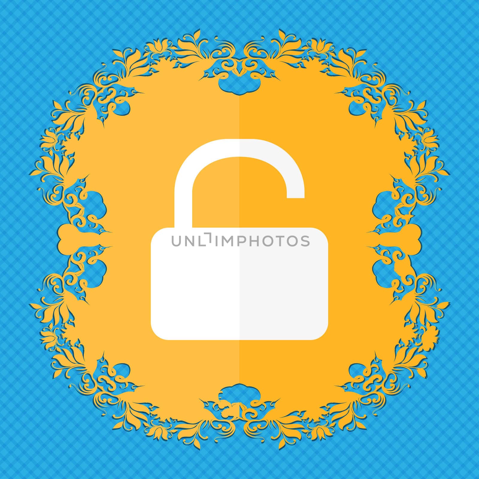 Open Padlock icon. Floral flat design on a blue abstract background with place for your text. illustration