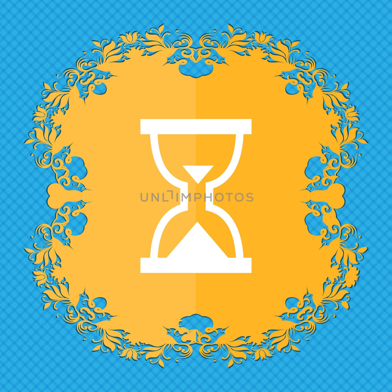 Hourglass, Sand timer . Floral flat design on a blue abstract background with place for your text. illustration