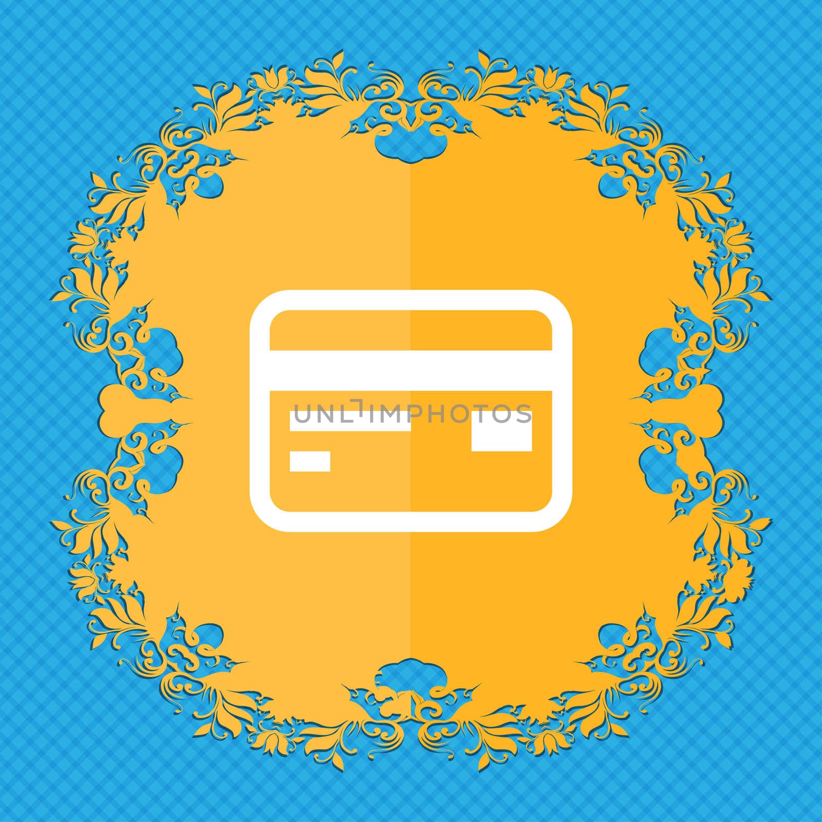 Credit, debit card . Floral flat design on a blue abstract background with place for your text. illustration