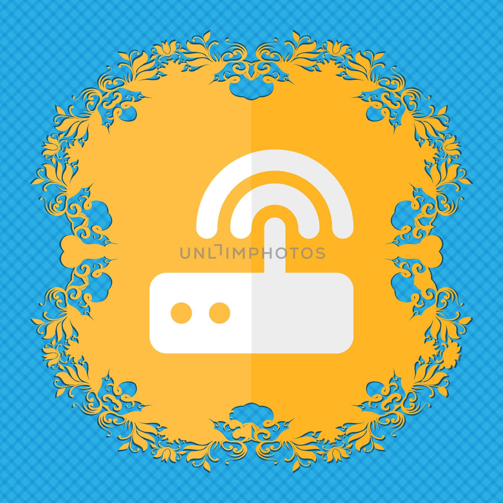 Wi fi router. Floral flat design on a blue abstract background with place for your text. illustration