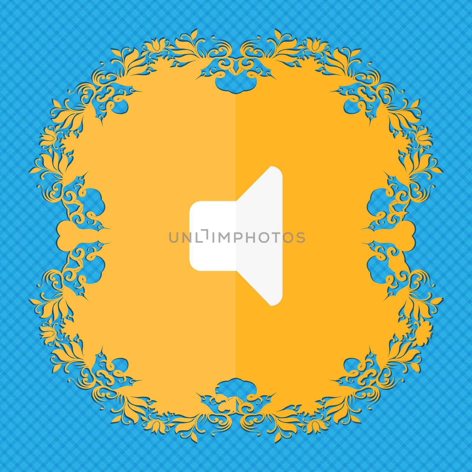 Speaker volume, Sound . Floral flat design on a blue abstract background with place for your text. illustration