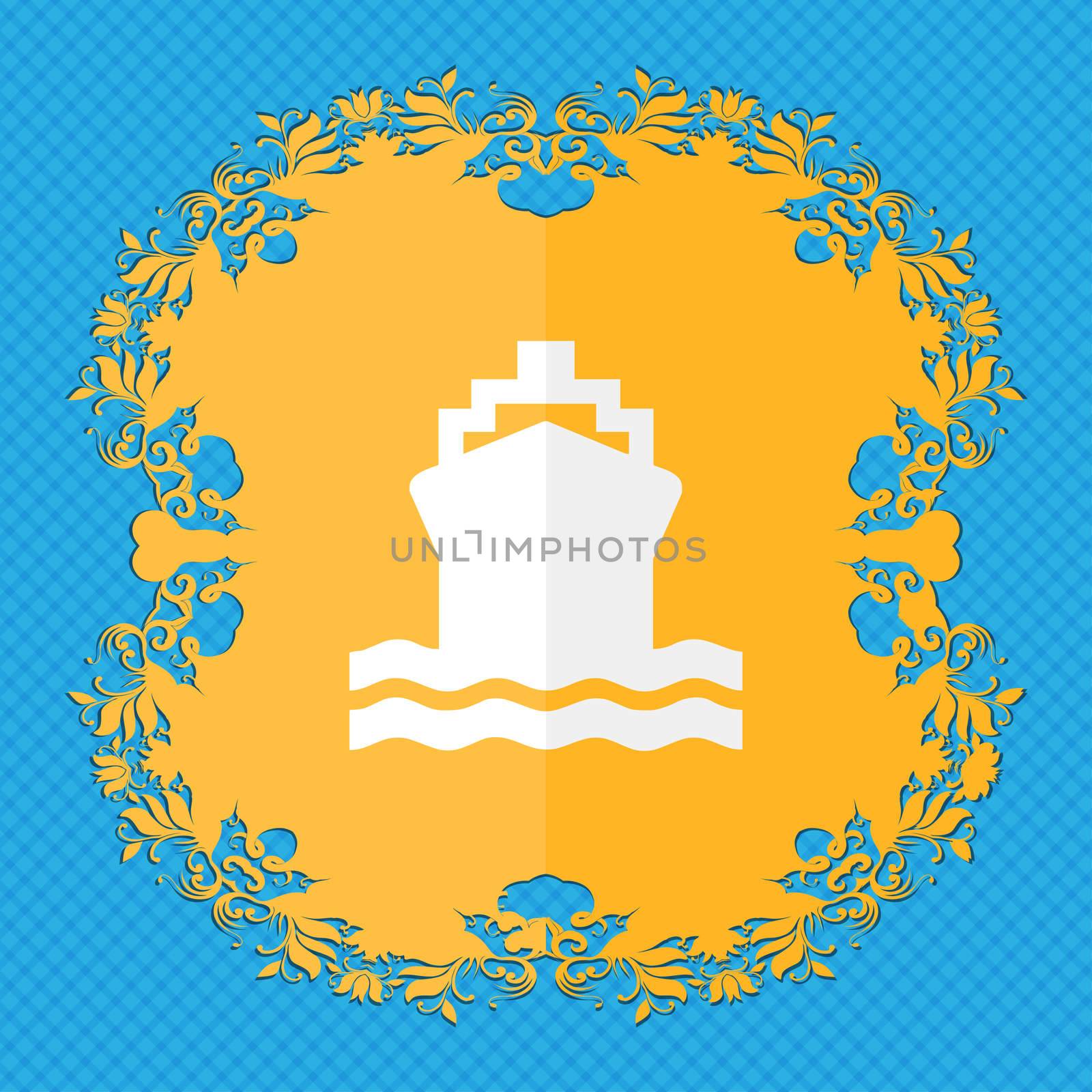 ship. Floral flat design on a blue abstract background with place for your text.  by serhii_lohvyniuk