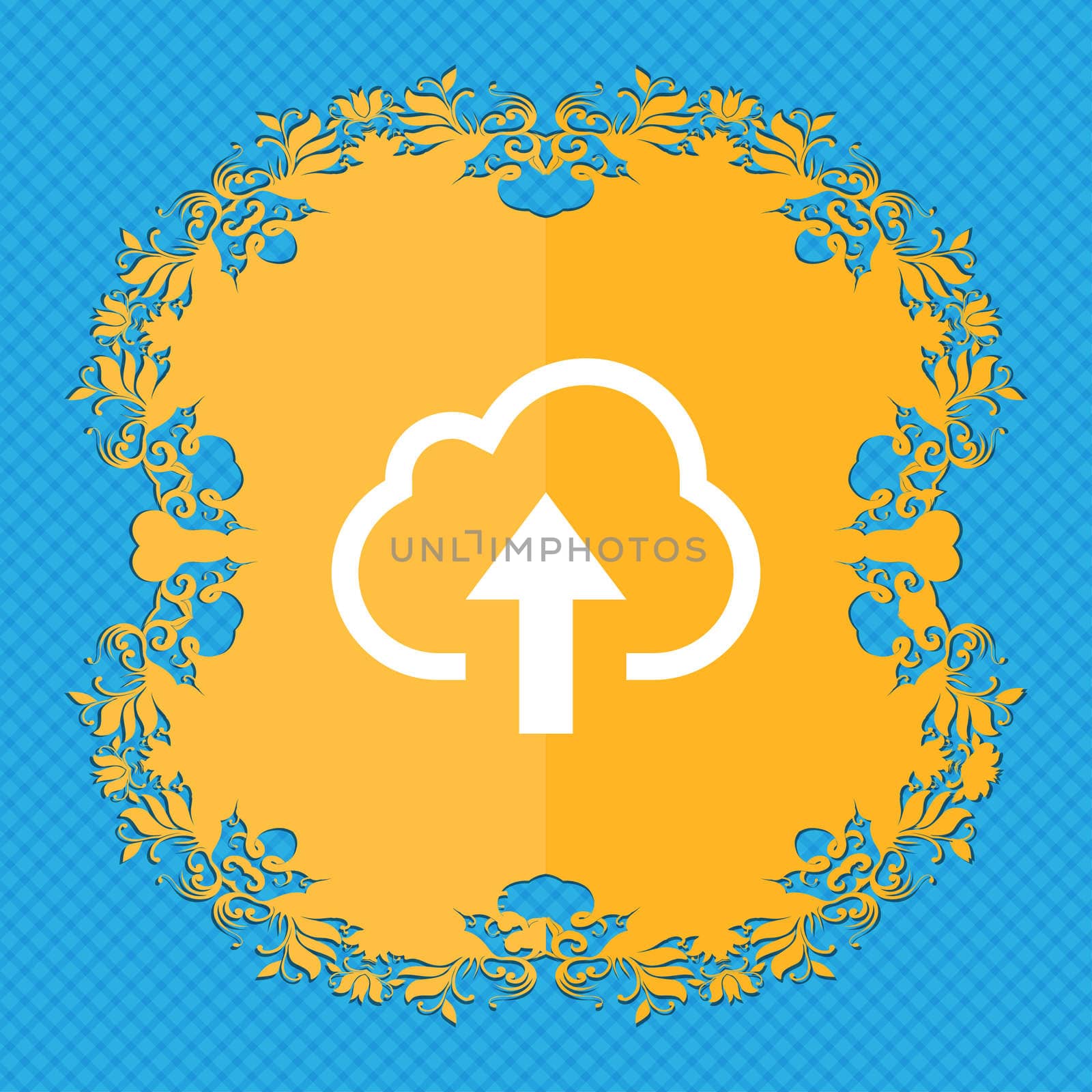 Upload from cloud . Floral flat design on a blue abstract background with place for your text. illustration