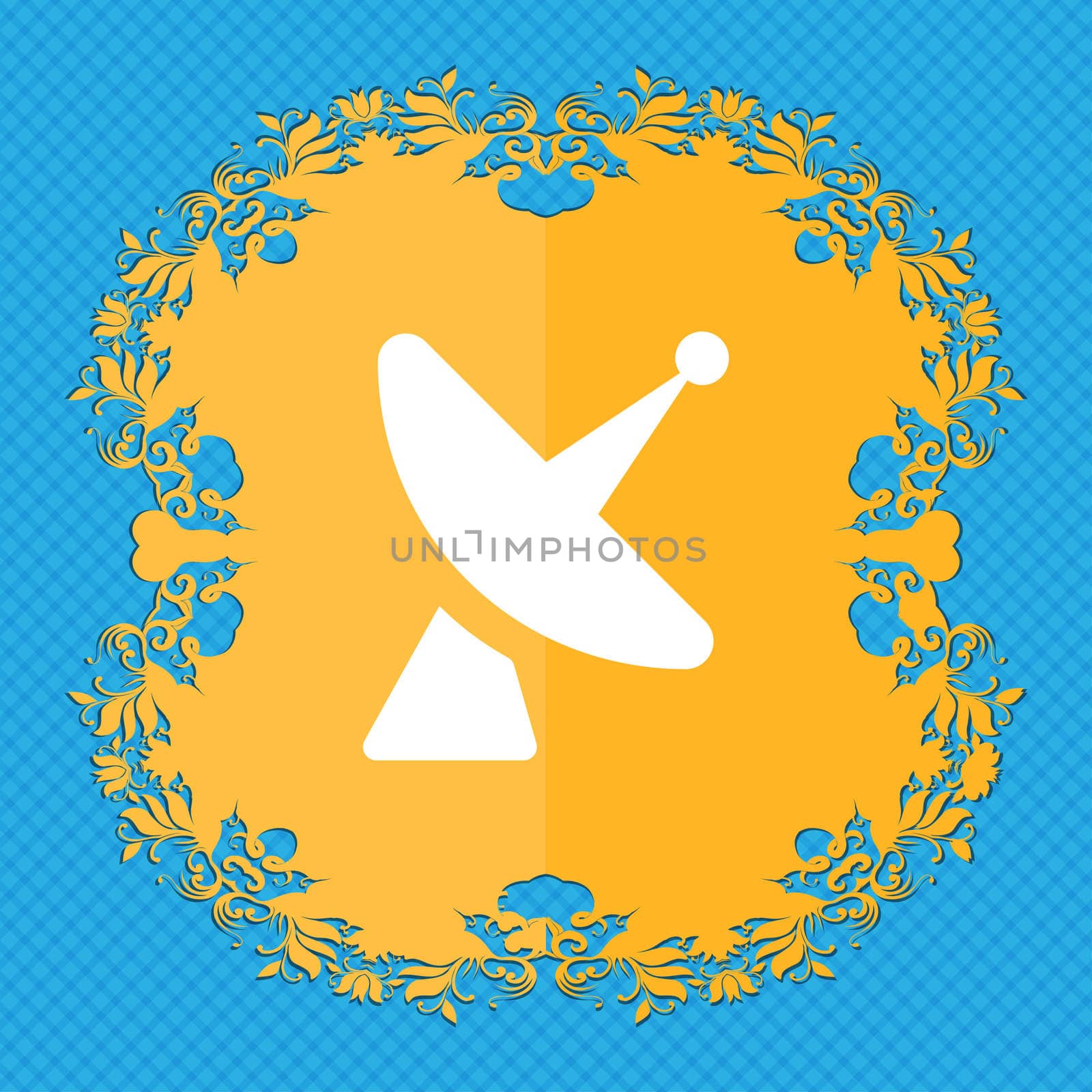Satellite dish . Floral flat design on a blue abstract background with place for your text. illustration