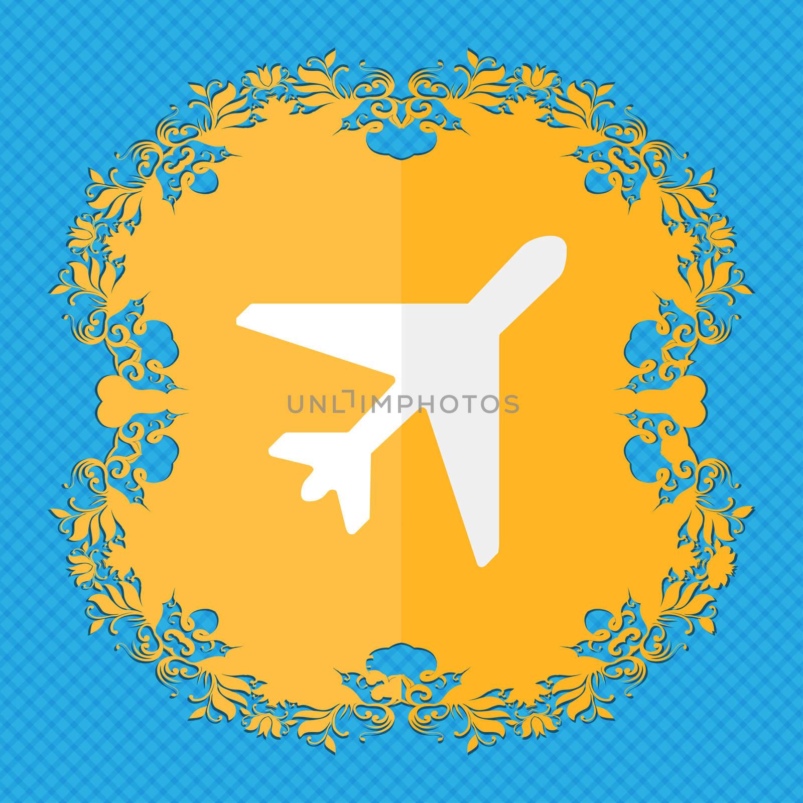 airplane. Floral flat design on a blue abstract background with place for your text. illustration