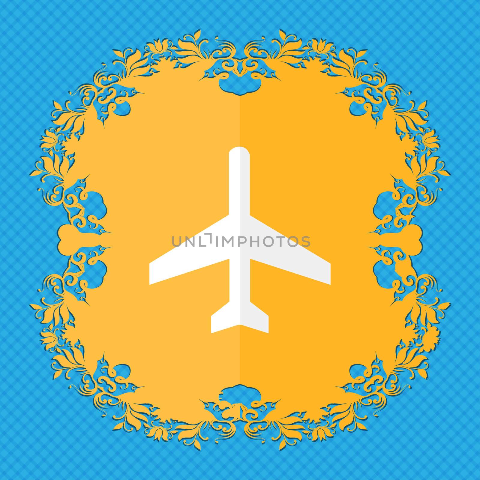 airplane. Floral flat design on a blue abstract background with place for your text.  by serhii_lohvyniuk