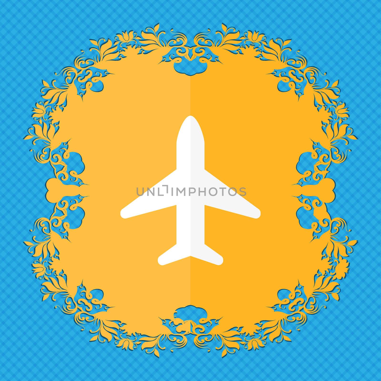 Airplane, Plane, Travel, Flight . Floral flat design on a blue abstract background with place for your text. illustration