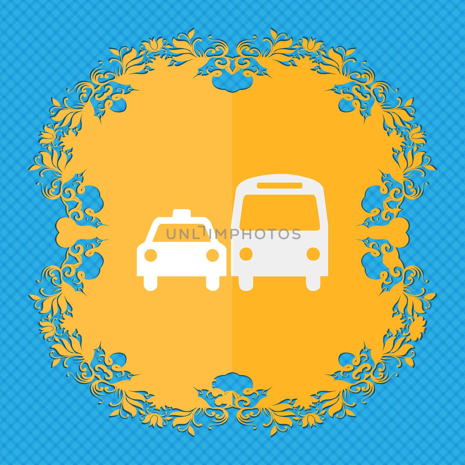taxi. Floral flat design on a blue abstract background with place for your text.  by serhii_lohvyniuk