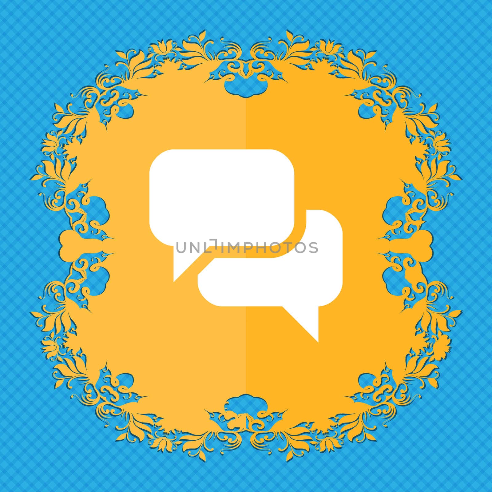 Speech bubble, Think cloud . Floral flat design on a blue abstract background with place for your text. illustration
