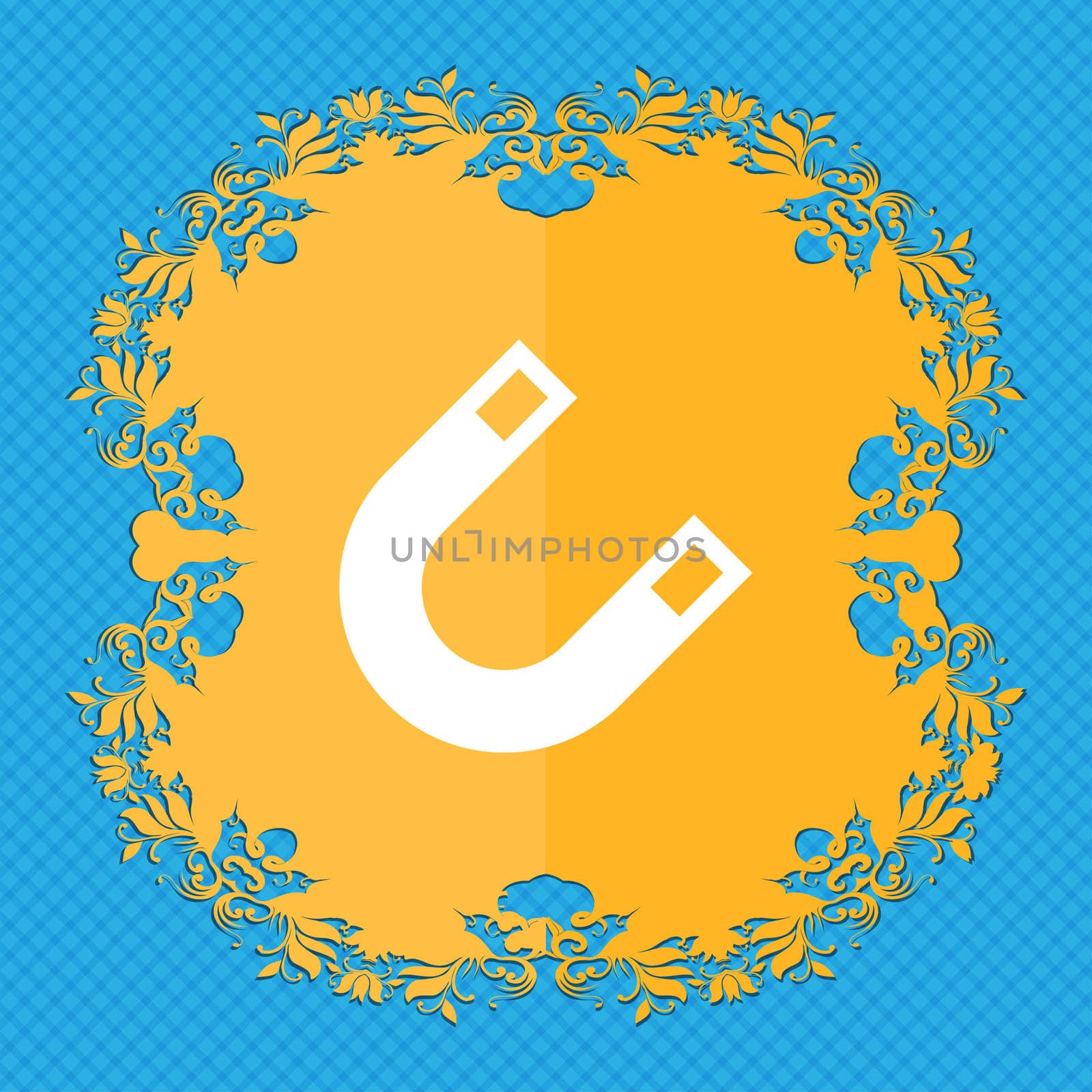 magnet, horseshoe . Floral flat design on a blue abstract background with place for your text. illustration