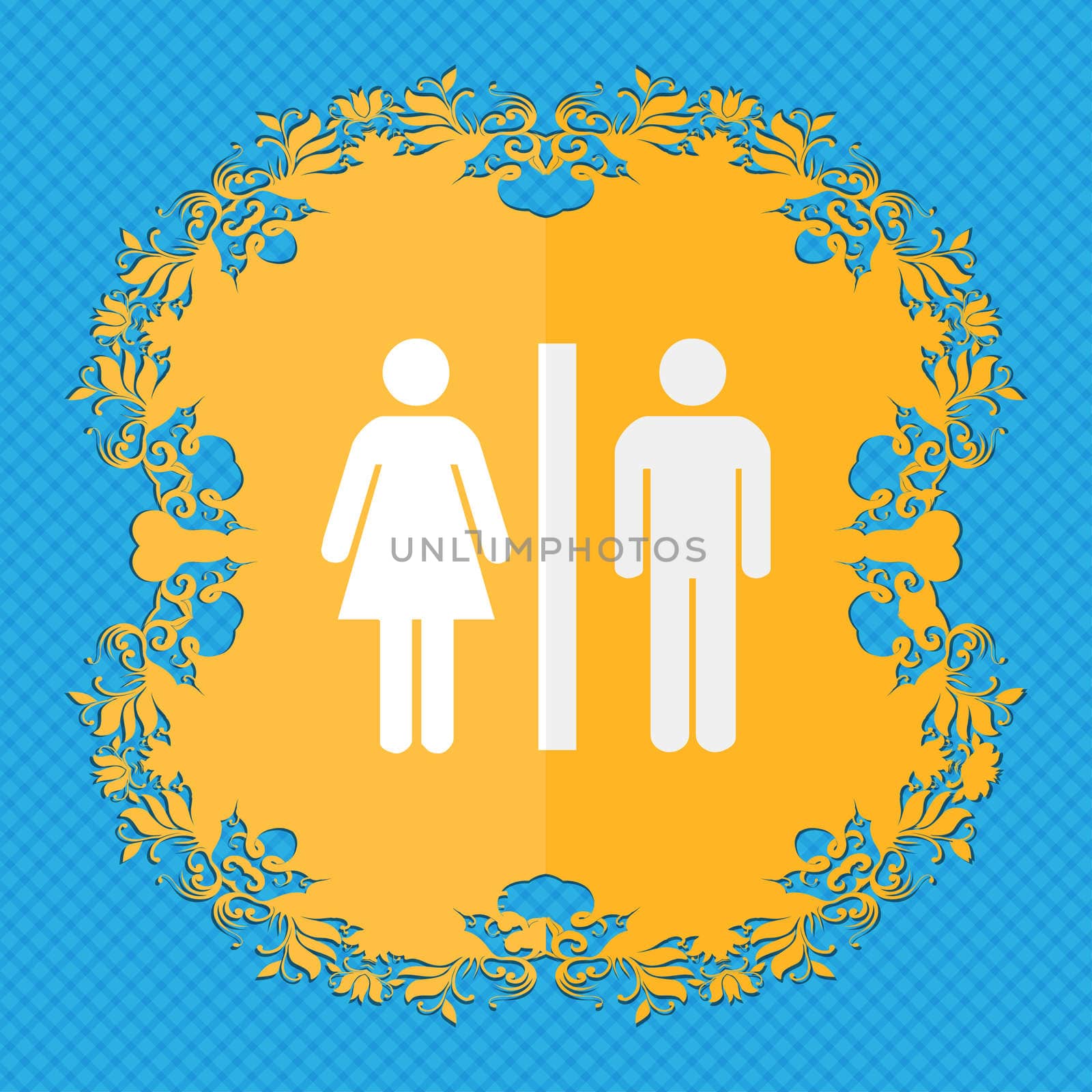 silhouette of a man and a woman. Floral flat design on a blue abstract background with place for your text. illustration