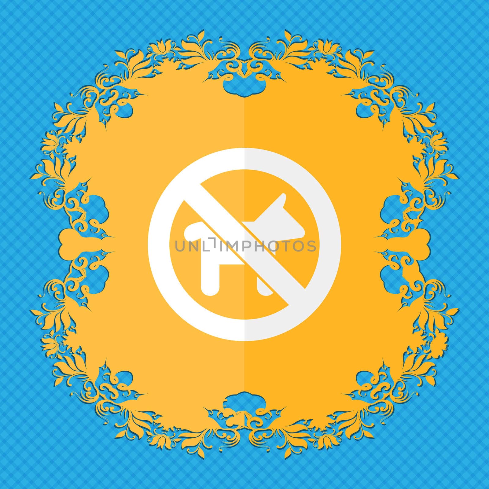 dog walking is prohibited. Floral flat design on a blue abstract background with place for your text.  by serhii_lohvyniuk