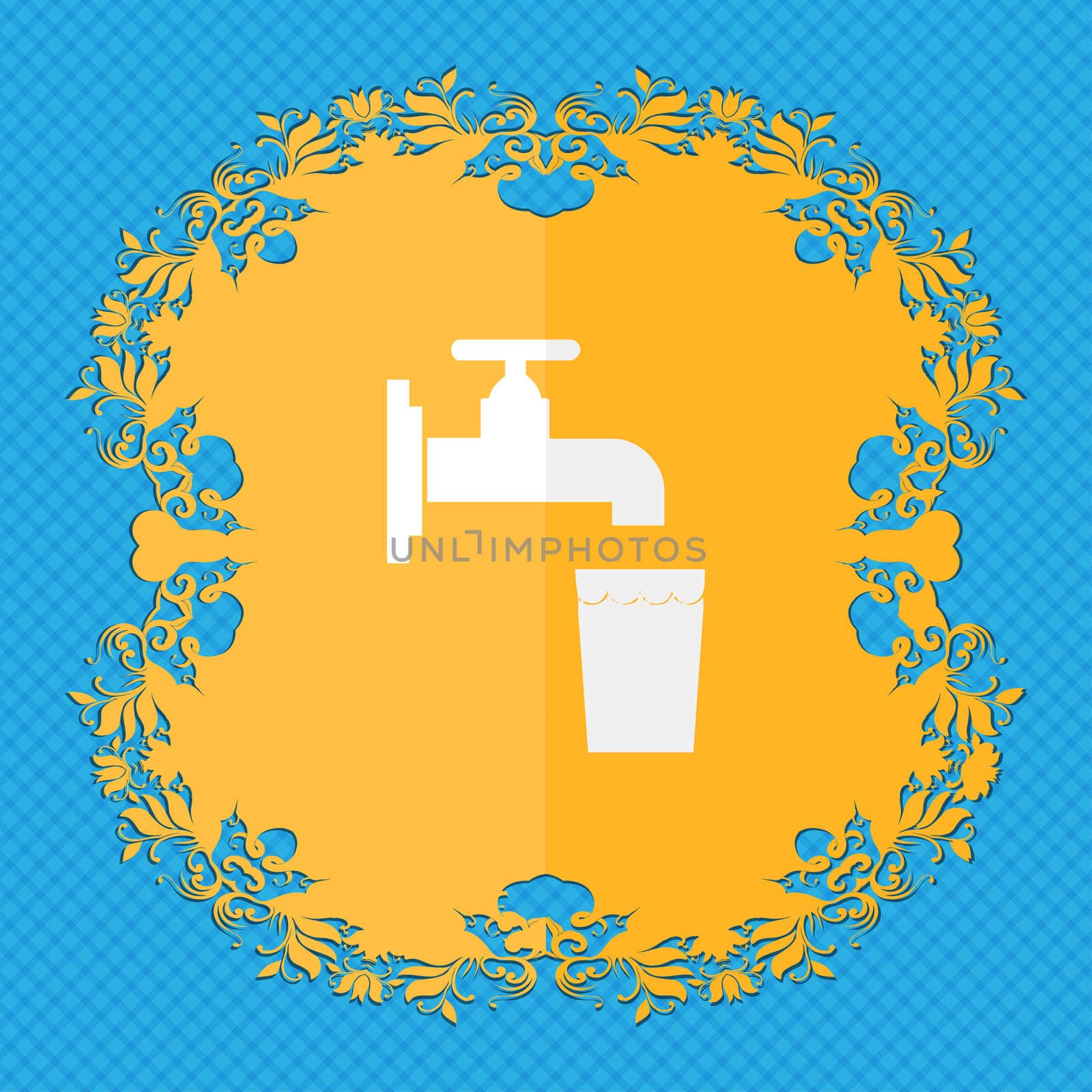 faucet, glass, water. Floral flat design on a blue abstract background with place for your text. illustration