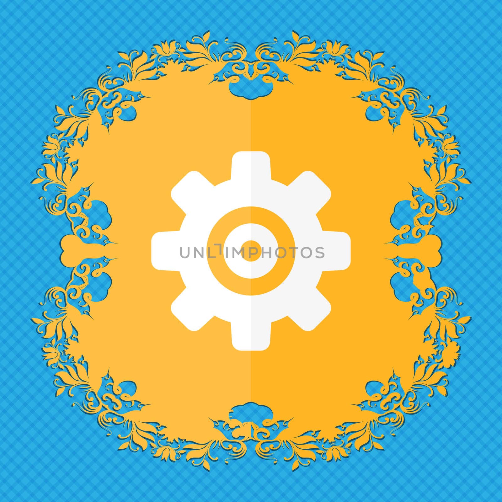 Cog settings, Cogwheel gear mechanism . Floral flat design on a blue abstract background with place for your text. illustration