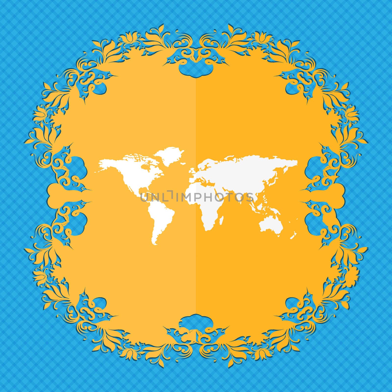 Globe sign icon. World map geography symbol. Floral flat design on a blue abstract background with place for your text. illustration