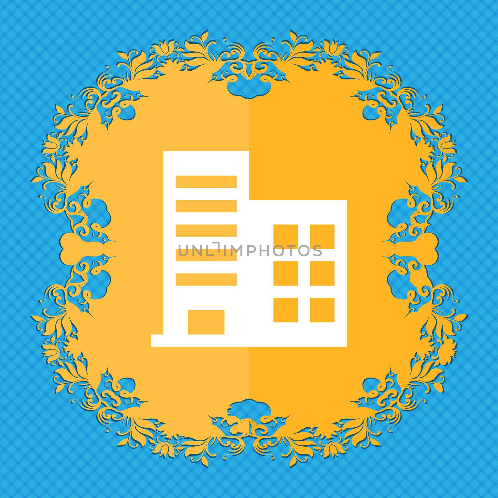  high-rise commercial buildings and residential apartments . Floral flat design on a blue abstract background with place for your text. illustration