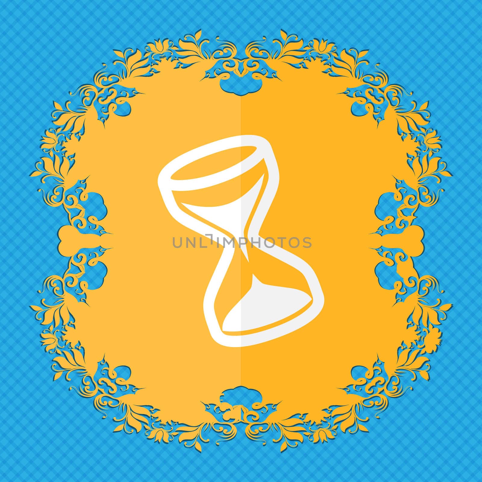 hourglass. Floral flat design on a blue abstract background with place for your text. illustration
