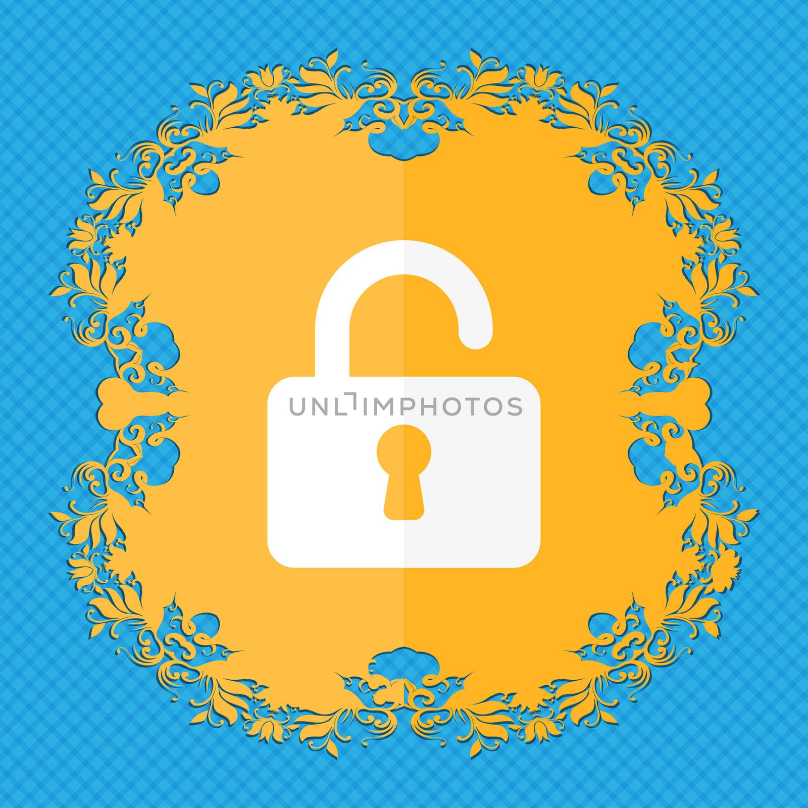 Open Padlock . Floral flat design on a blue abstract background with place for your text. illustration
