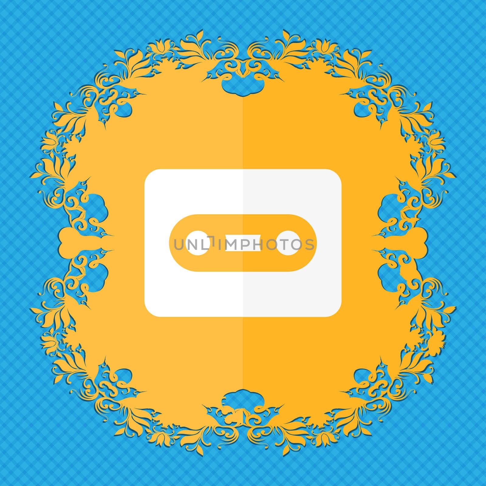 Cassette . Floral flat design on a blue abstract background with place for your text. illustration