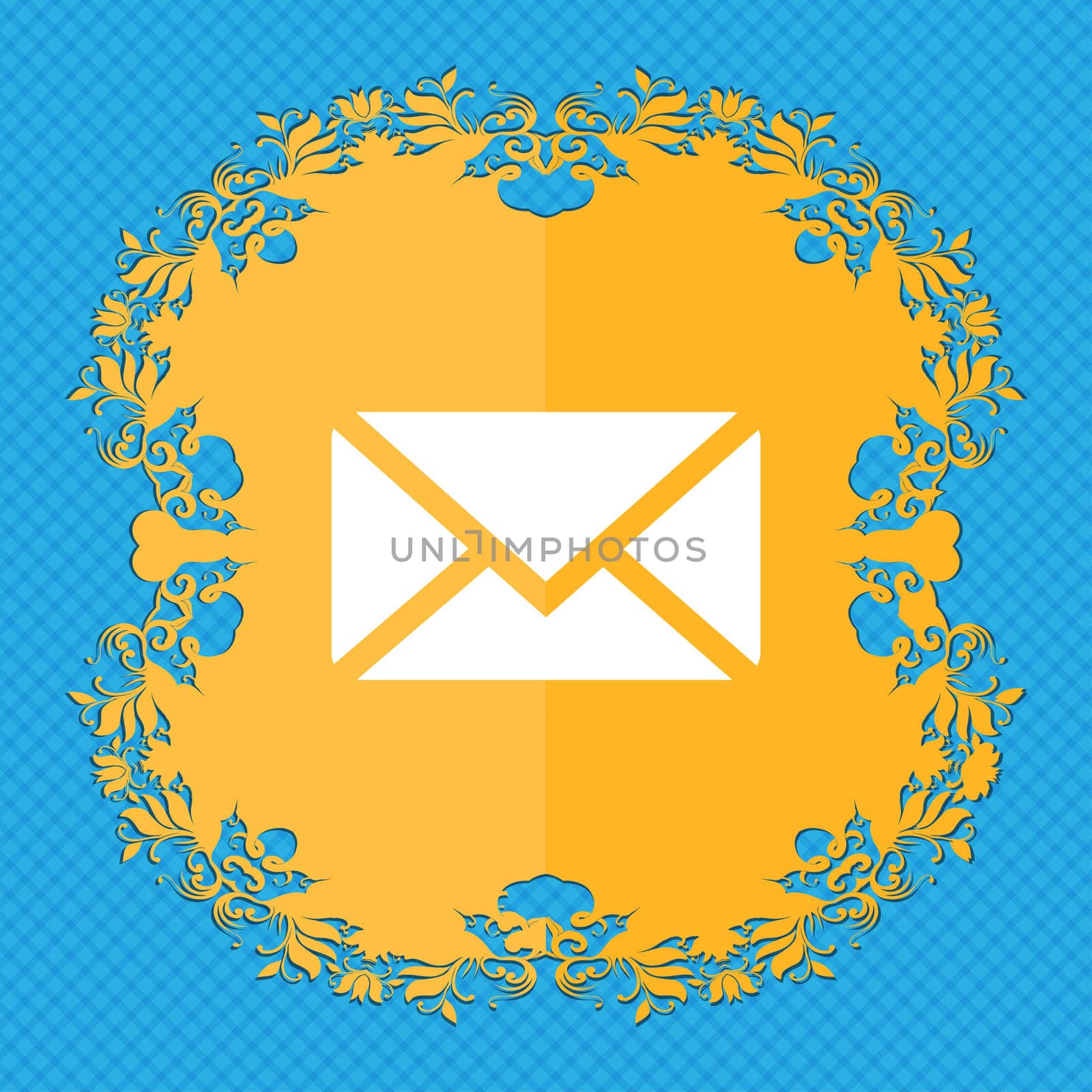Mail, Envelope, Message . Floral flat design on a blue abstract background with place for your text.  by serhii_lohvyniuk