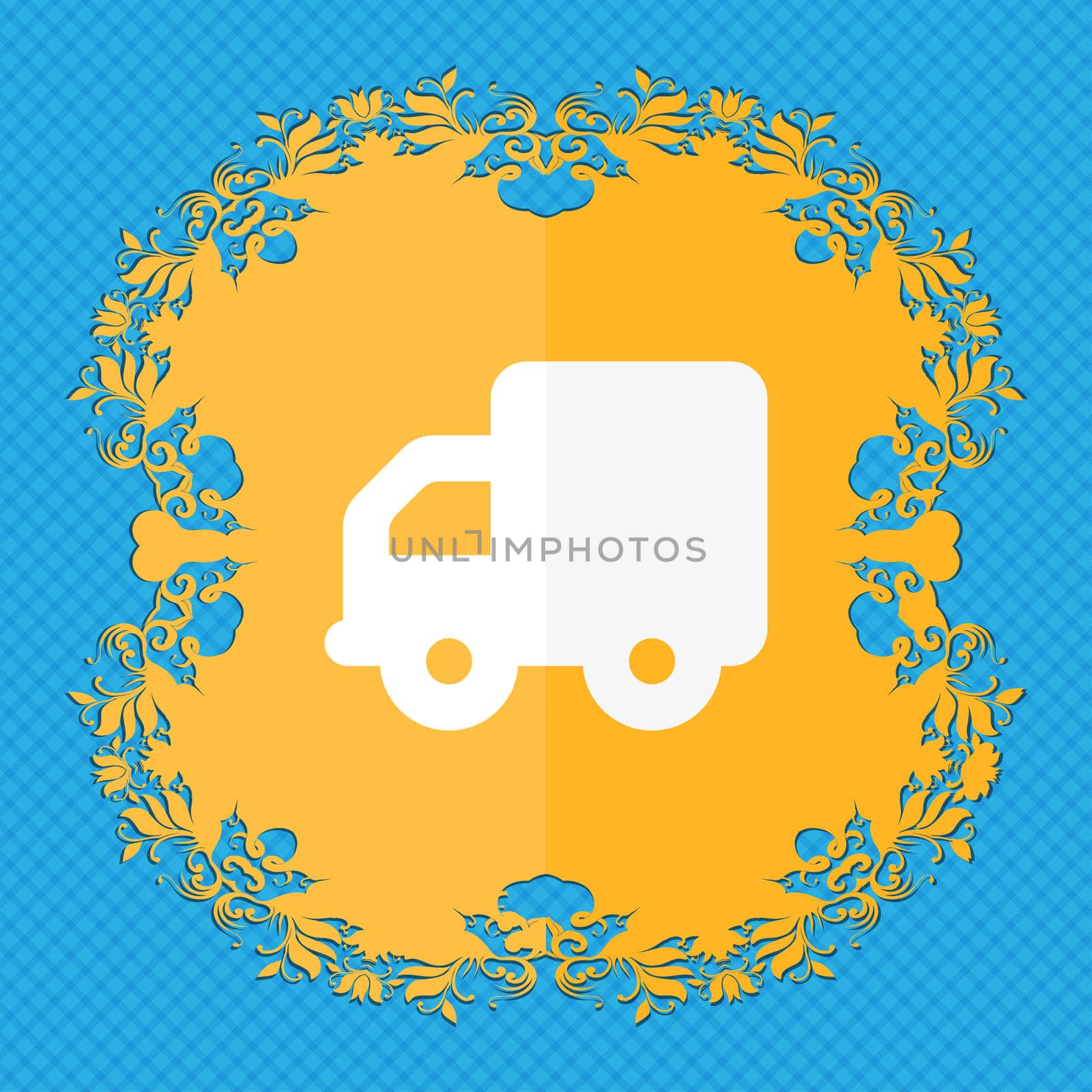 Delivery truck . Floral flat design on a blue abstract background with place for your text.  by serhii_lohvyniuk