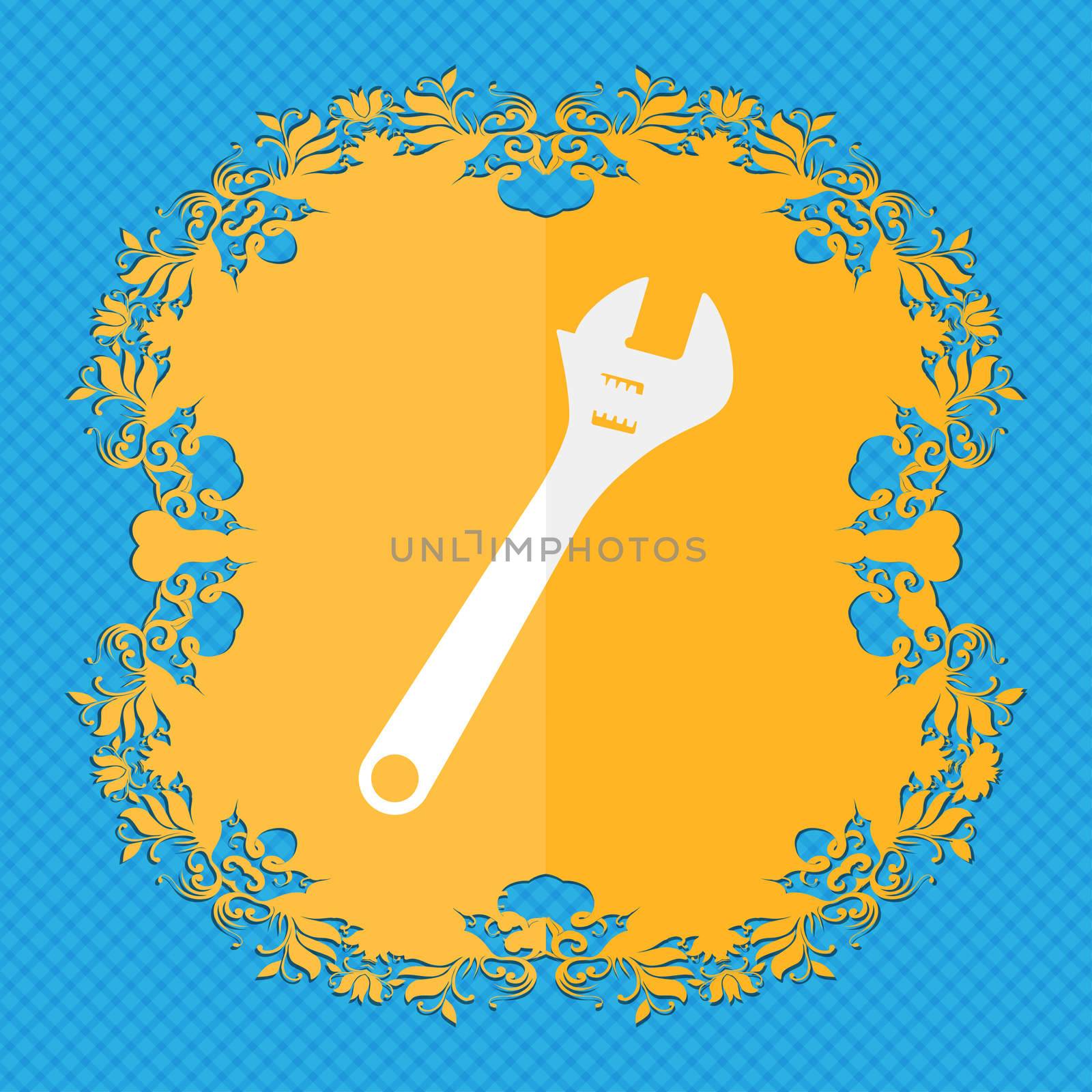 wrench. Floral flat design on a blue abstract background with place for your text.  by serhii_lohvyniuk