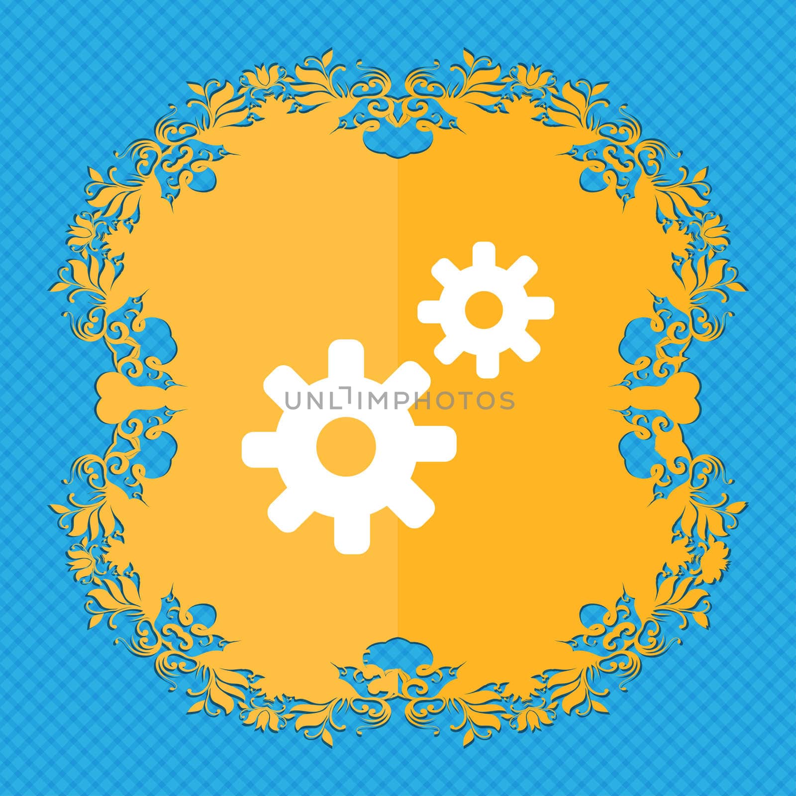 Cog settings, Cogwheel gear mechanism . Floral flat design on a blue abstract background with place for your text.  by serhii_lohvyniuk