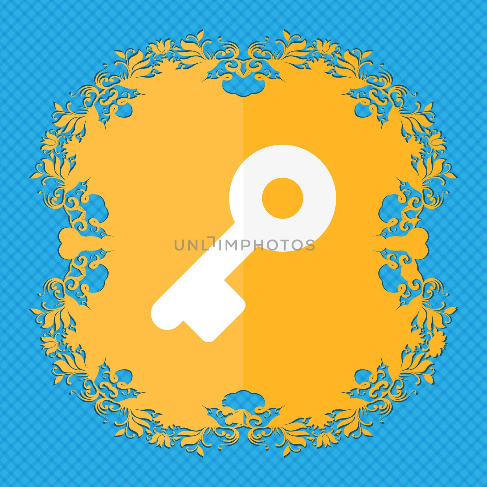 Key . Floral flat design on a blue abstract background with place for your text.  by serhii_lohvyniuk