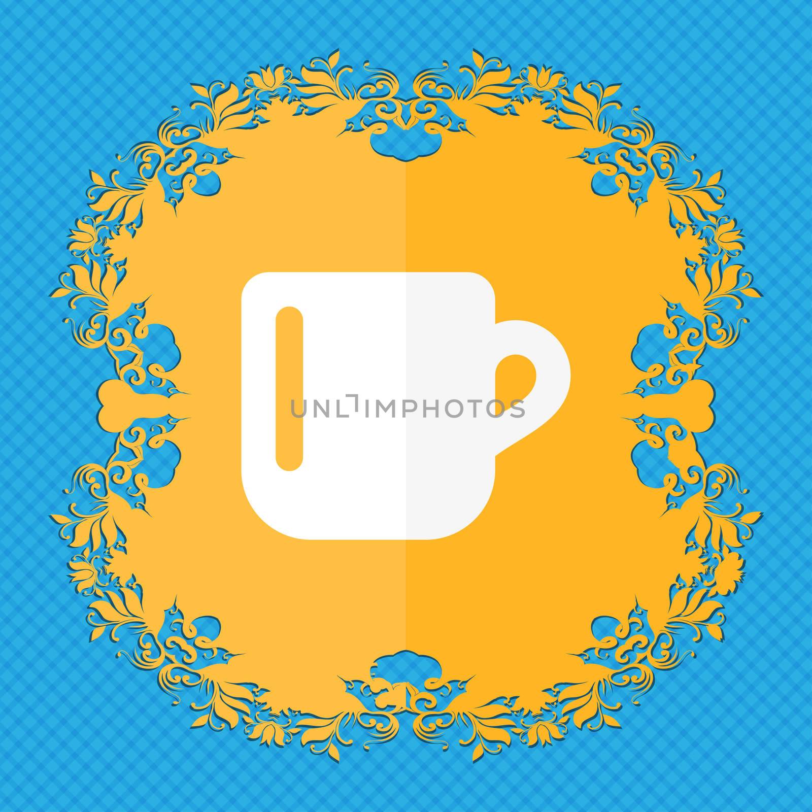 cup coffee or tea . Floral flat design on a blue abstract background with place for your text. illustration