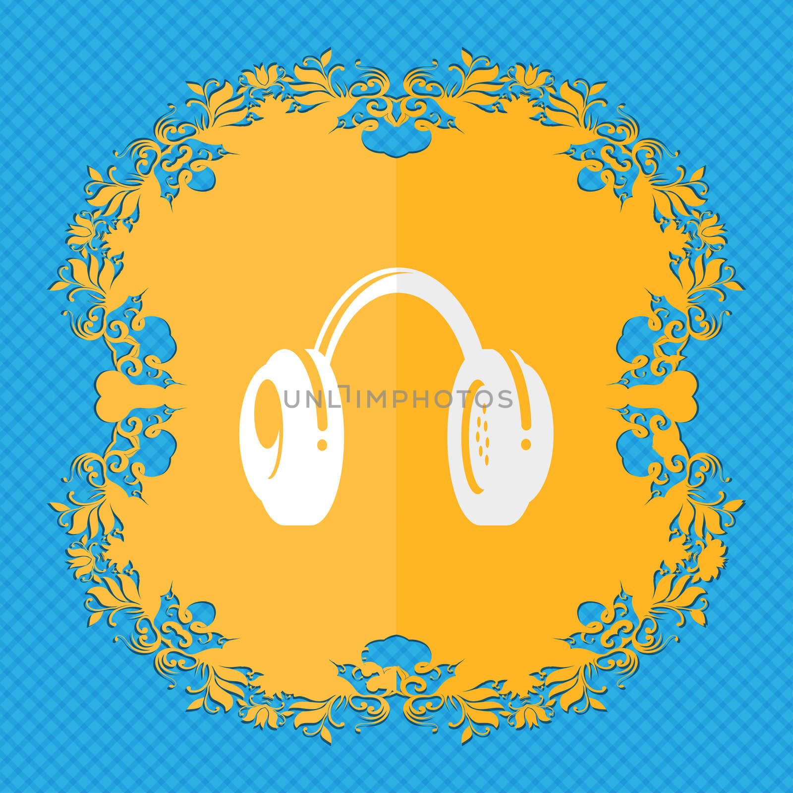 headsets. Floral flat design on a blue abstract background with place for your text. illustration