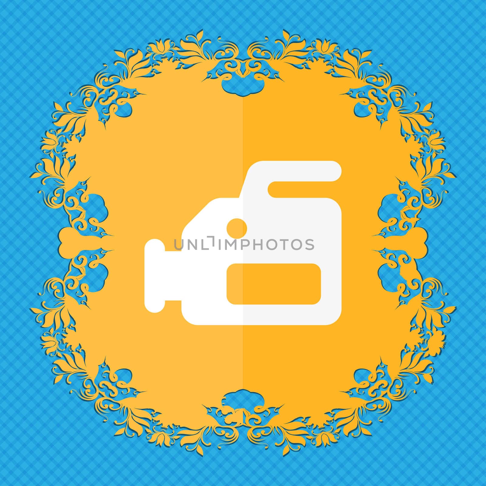 video camera . Floral flat design on a blue abstract background with place for your text. illustration