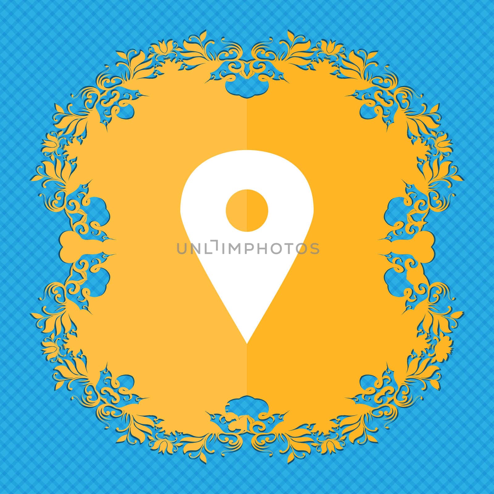 Map pointer, GPS location . Floral flat design on a blue abstract background with place for your text.  by serhii_lohvyniuk