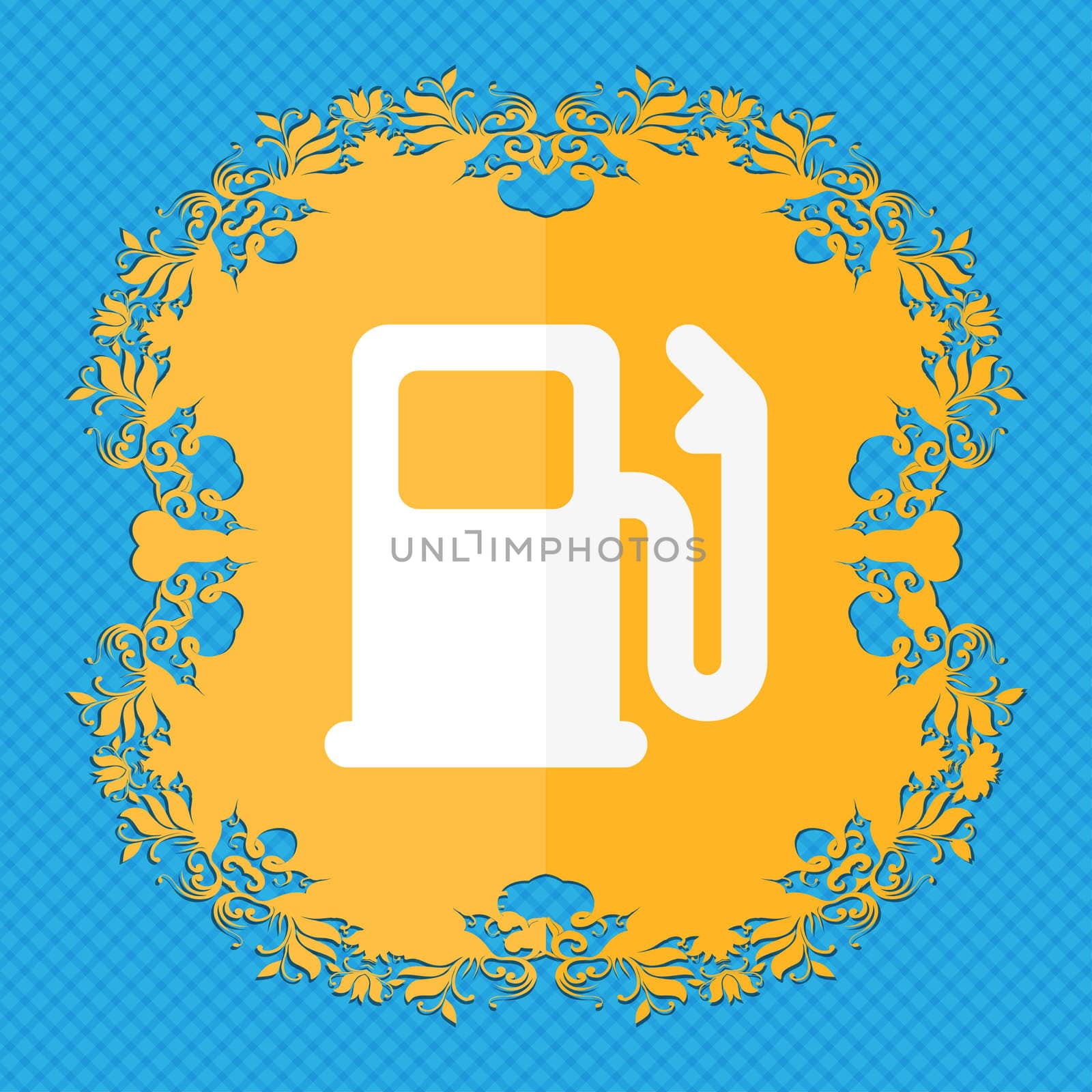 Petrol or Gas station, Car fuel . Floral flat design on a blue abstract background with place for your text. illustration