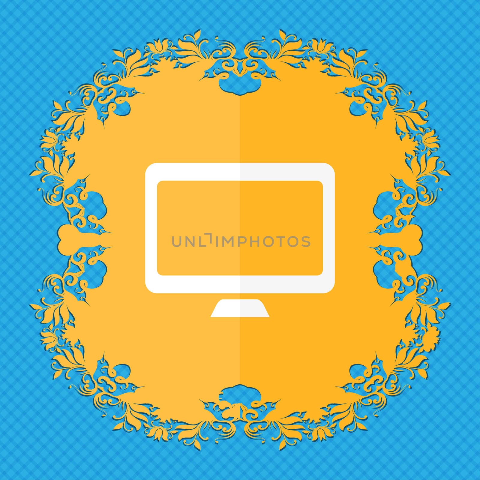 Computer widescreen monitor . Floral flat design on a blue abstract background with place for your text. illustration