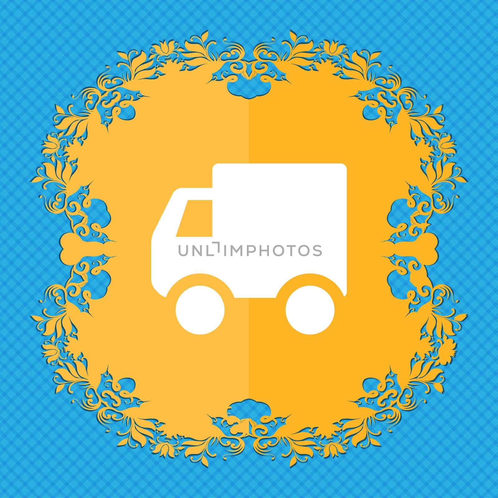 Delivery truck . Floral flat design on a blue abstract background with place for your text. illustration