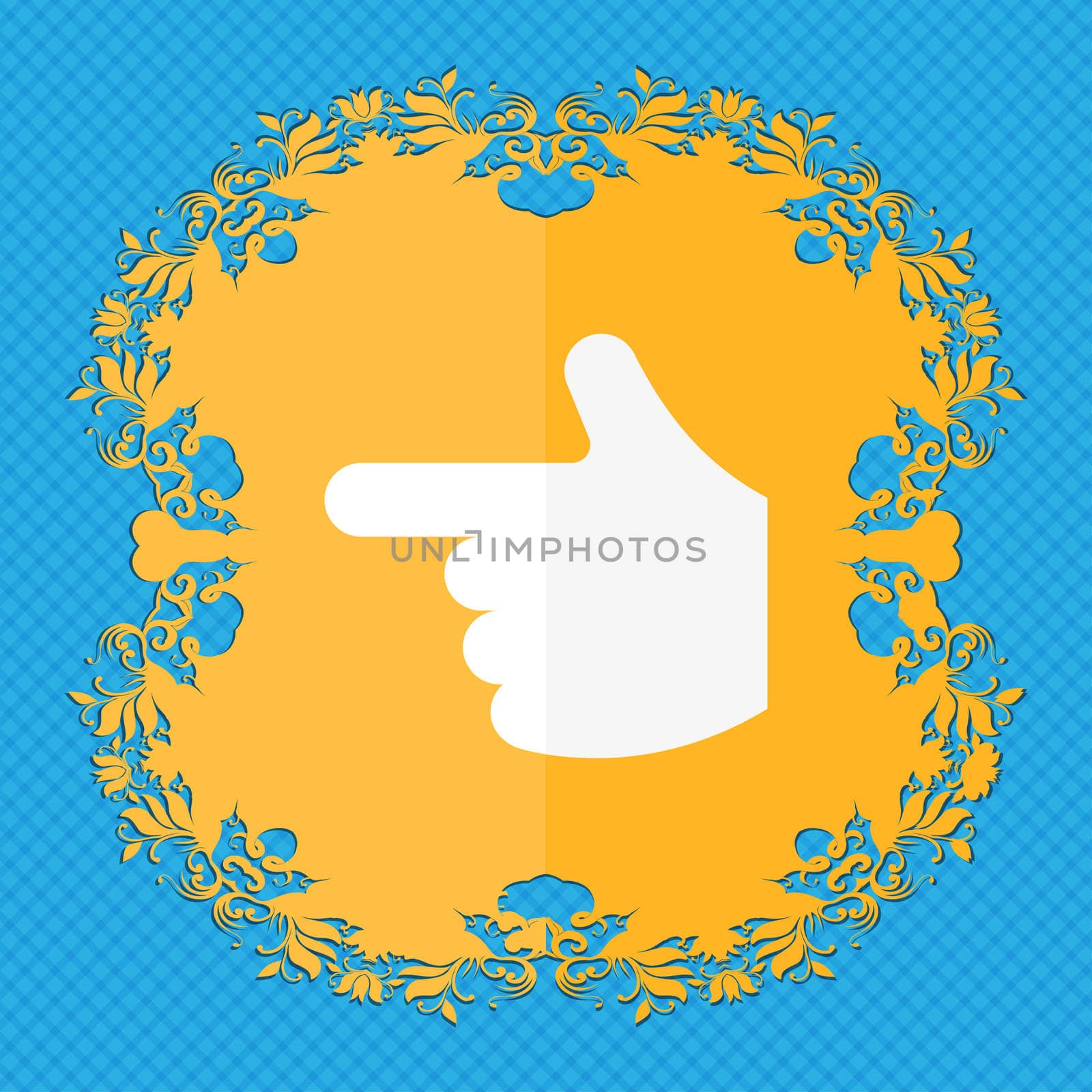 pointing hand . Floral flat design on a blue abstract background with place for your text. illustration