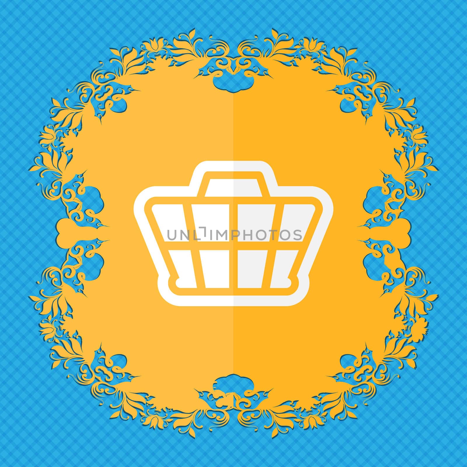 Shopping Cart. Floral flat design on a blue abstract background with place for your text. illustration