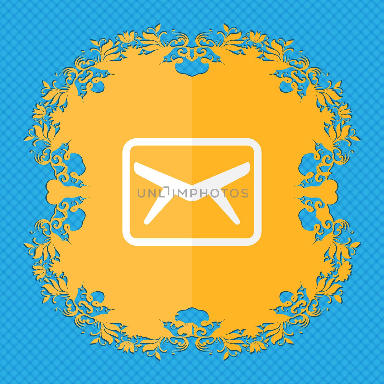 Mail, Envelope, Message. Floral flat design on a blue abstract background with place for your text. illustration