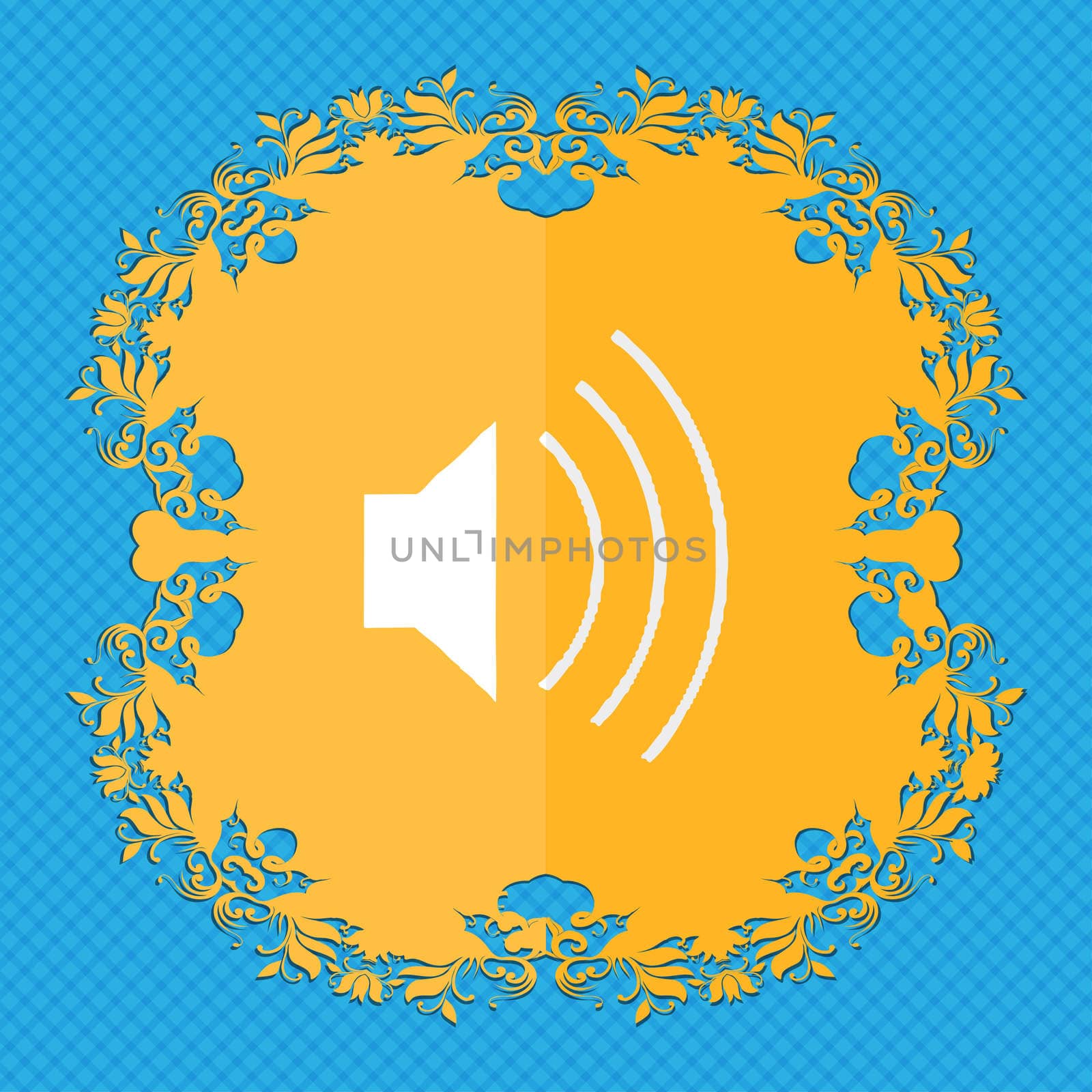 volume, sound. Floral flat design on a blue abstract background with place for your text. illustration