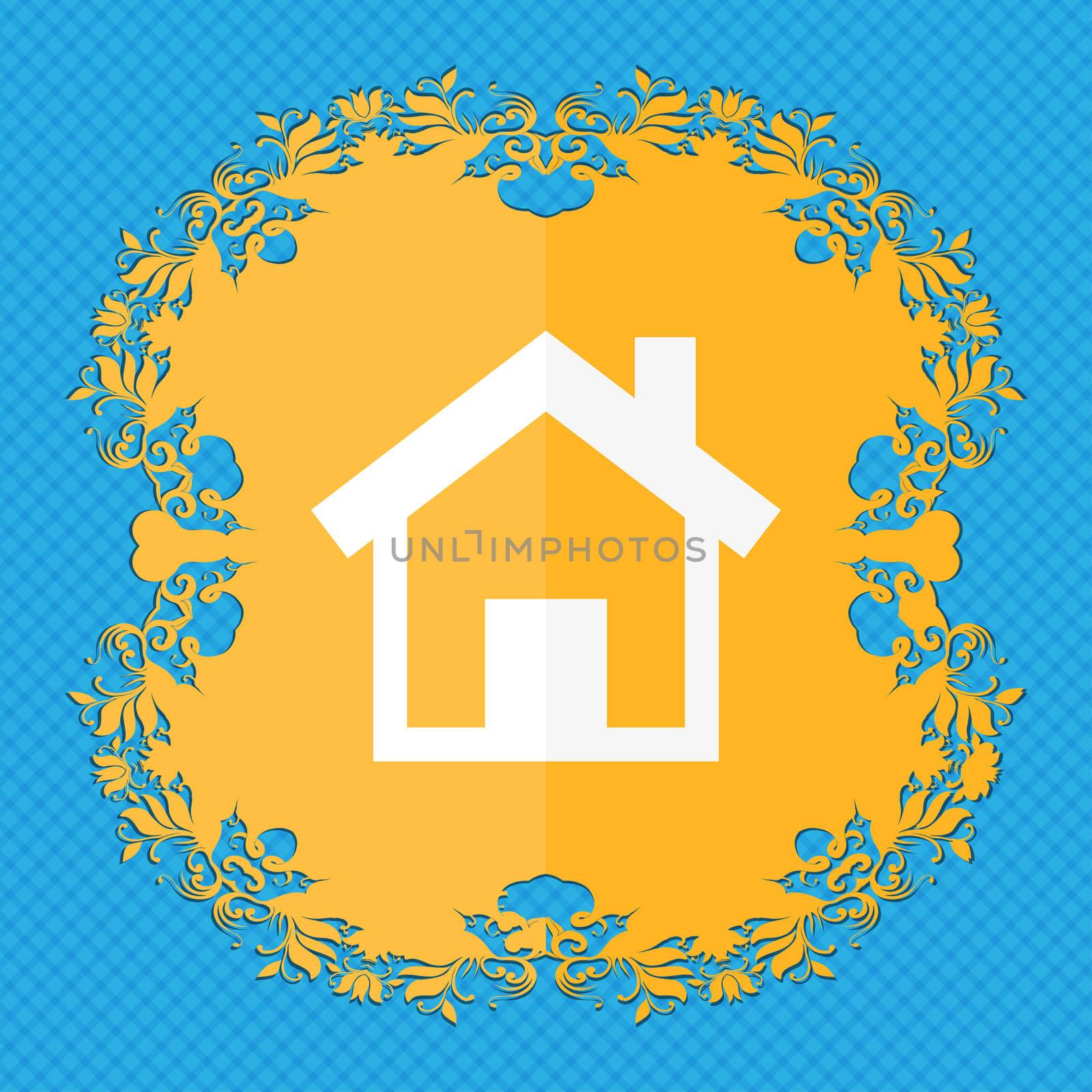 Home sign icon. Main page button. Navigation symbol. Floral flat design on a blue abstract background with place for your text. illustration