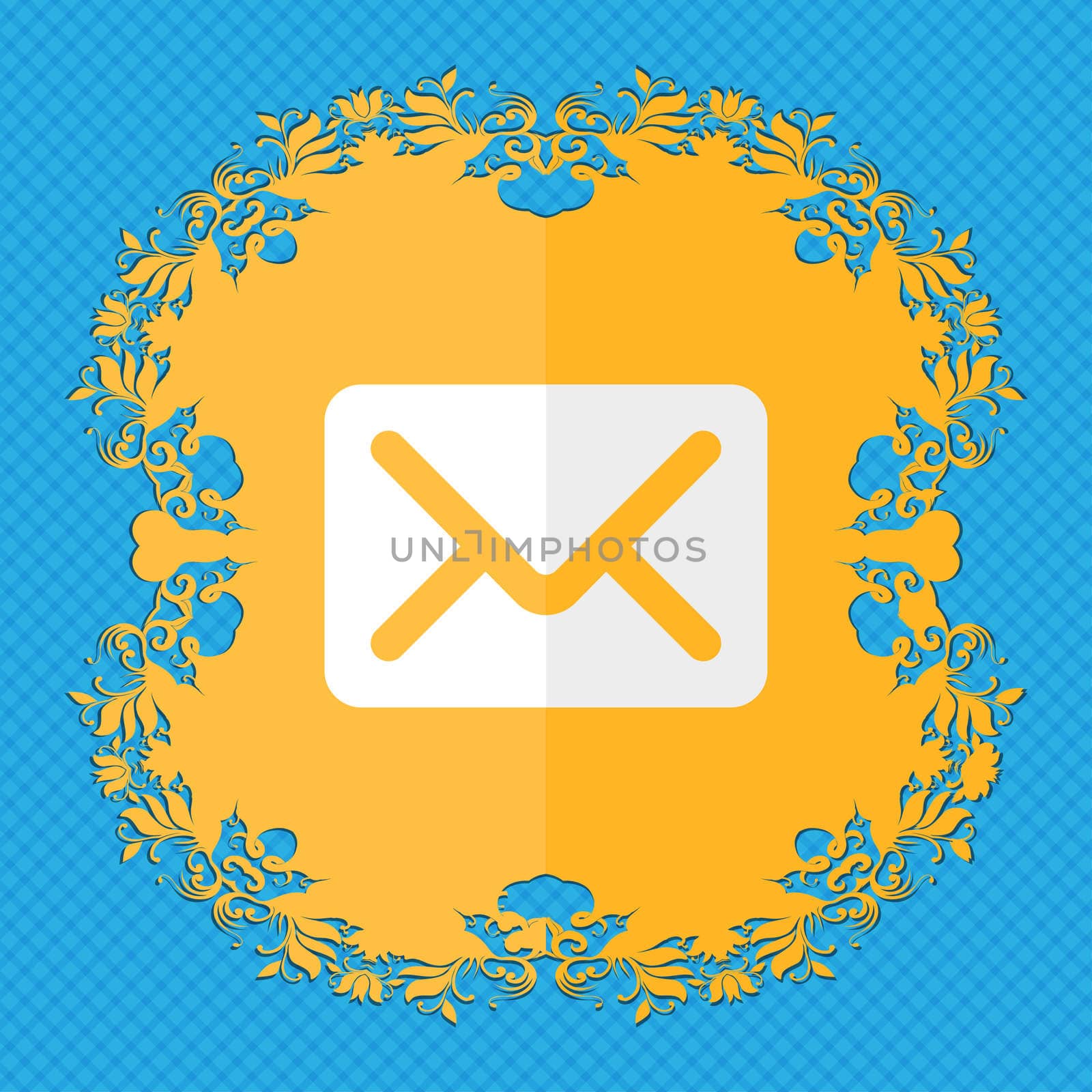 Mail, envelope, letter. Floral flat design on a blue abstract background with place for your text. illustration