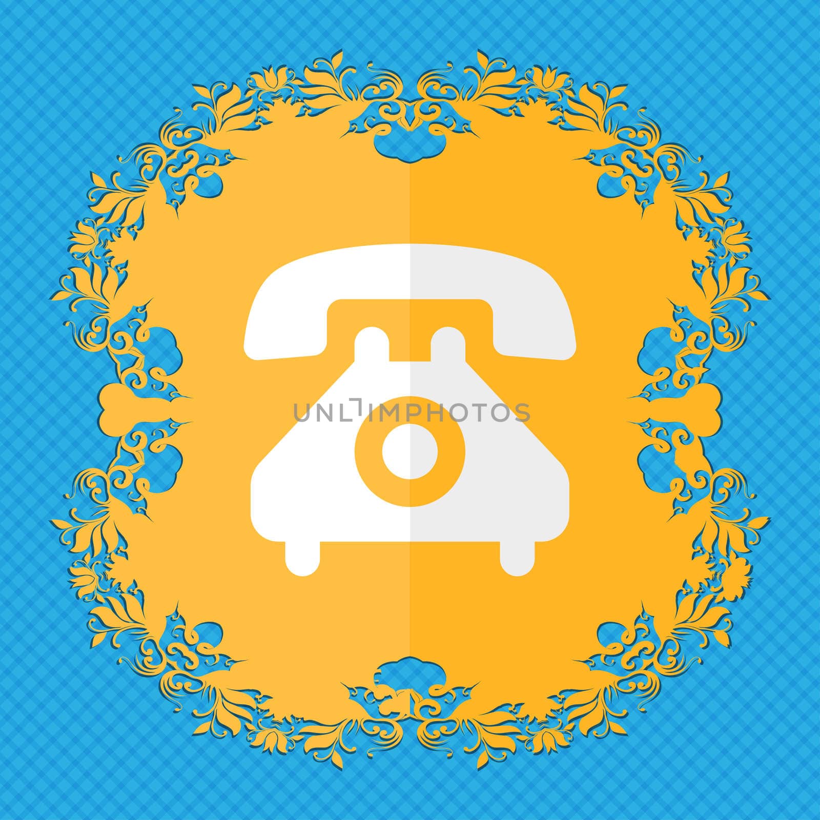 retro telephone handset. Floral flat design on a blue abstract background with place for your text. illustration