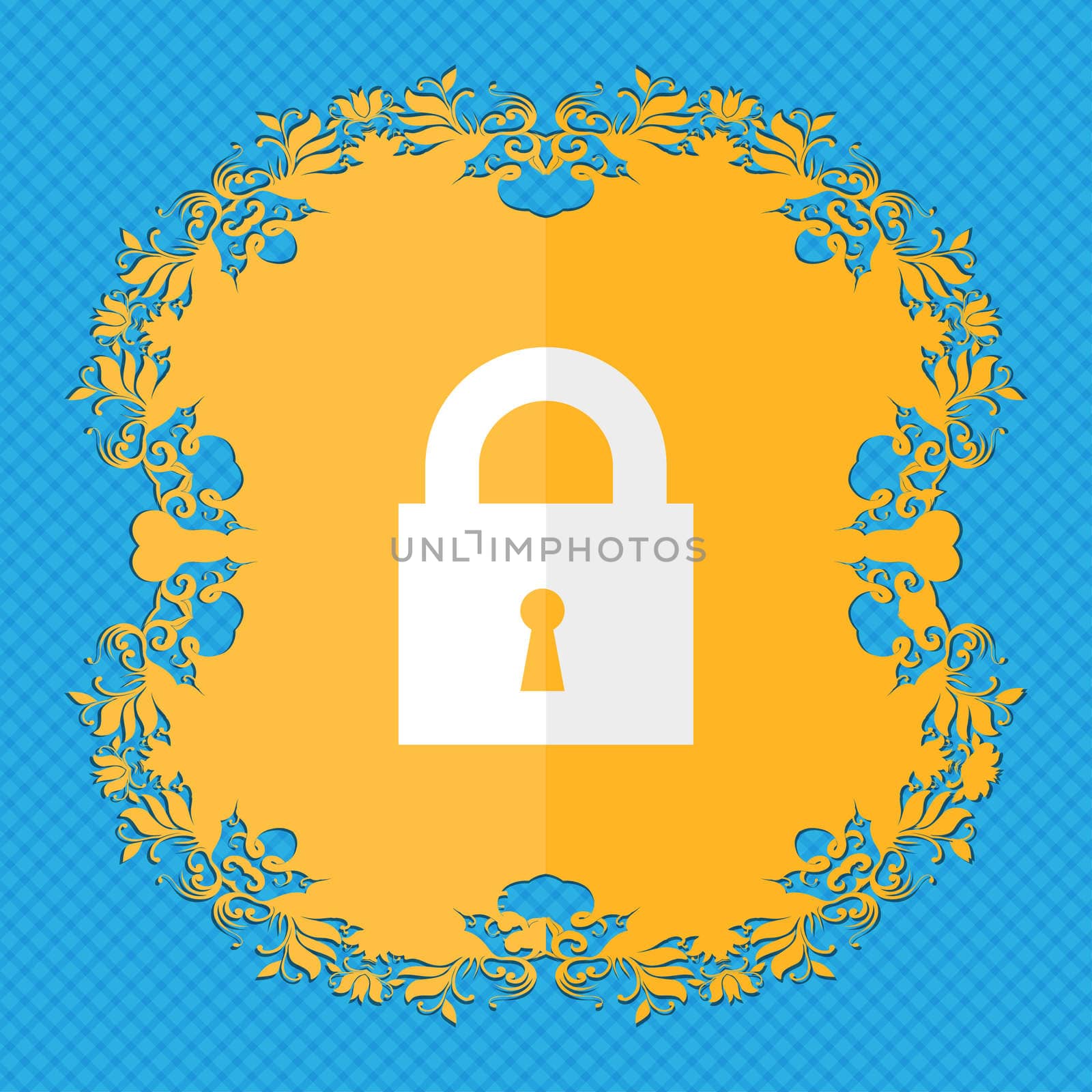 closed lock. Floral flat design on a blue abstract background with place for your text. illustration